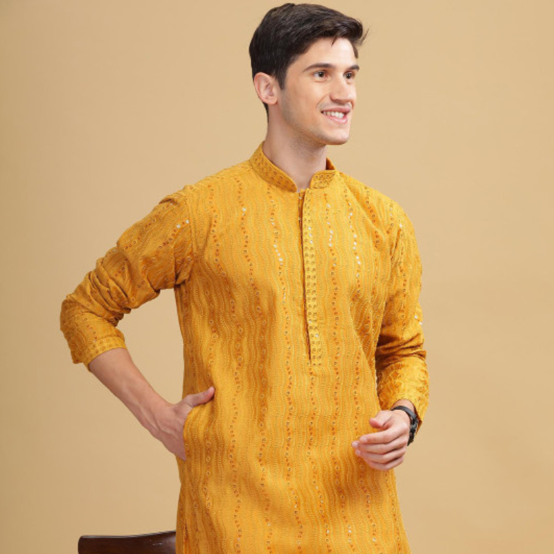 Anouk Yellow Ethnic Embroidered Mandarin Collar Sequinned Lucknowi Cotton Straight Kurta