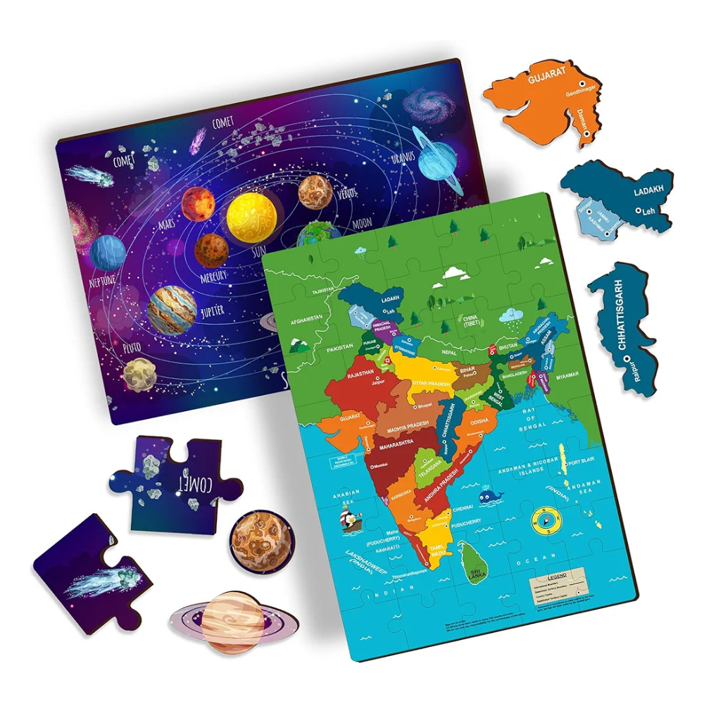 Lefan India Map & Solar System Floor Puzzle Mat for Kids – Set of 2 Educational Wooden Jigsaw Puzzles – Geography & Space Learning Toys for Boys & Girls Age 3+
