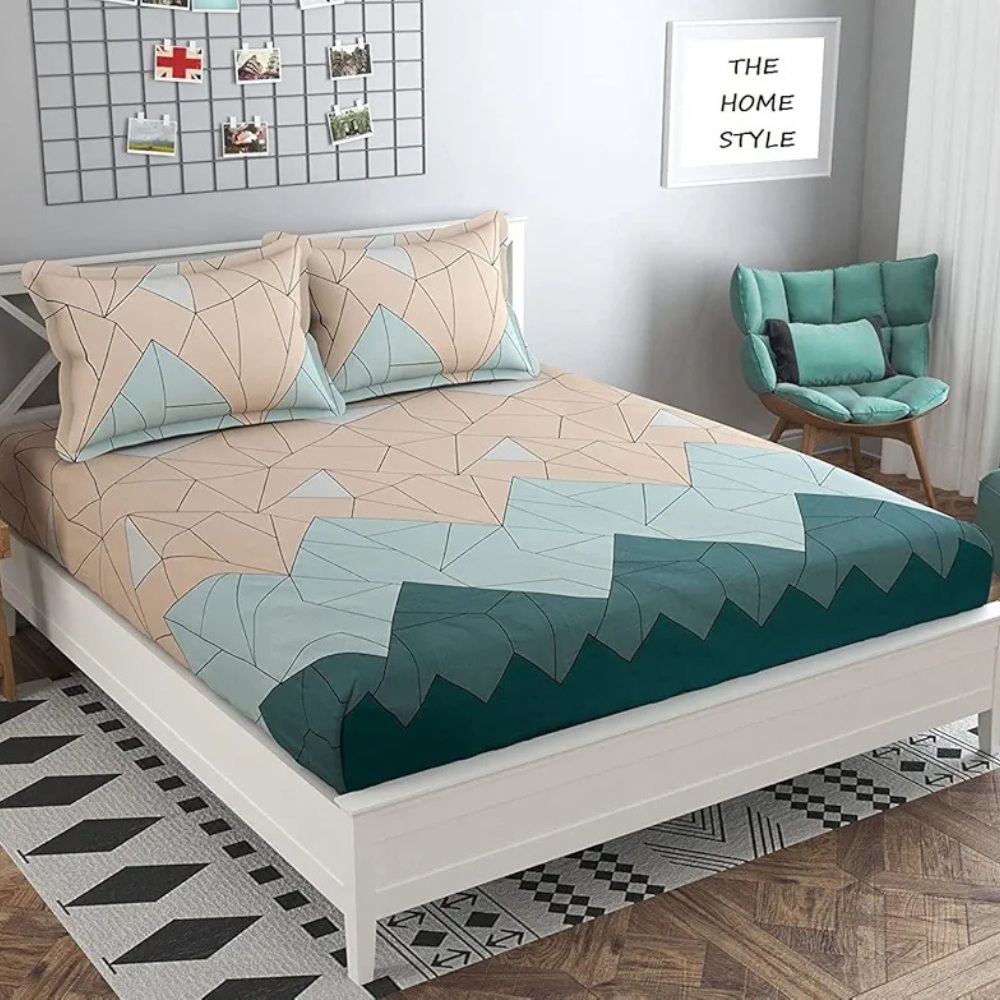 The Home Style Cotton Feel Glace Cotton Elastic Fitted Printed Queen Size Double Bed Bedsheet with 2 Pillow Cover 300 - 350 threadcount Pastel Green