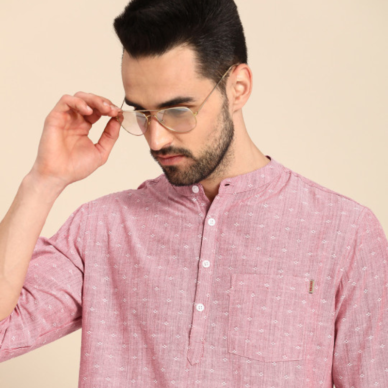 Anouk Men Pink Woven Design Cotton Short Kurta