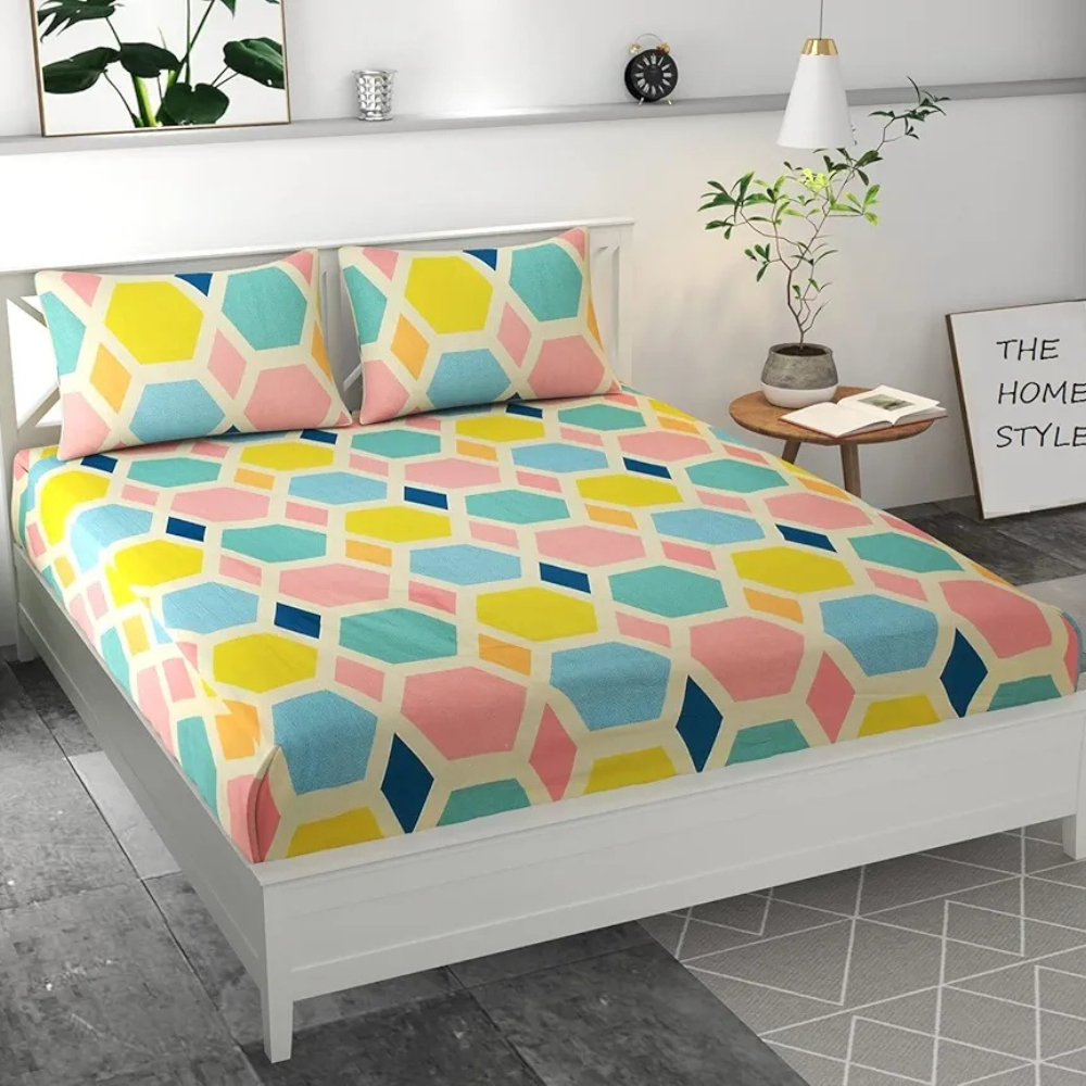 The Home Style Cotton Feel Glace Cotton Elastic Fitted Printed Queen Size Double Bed Bedsheet with 2 Pillow Cover Upto 350 tc Pastel Palette