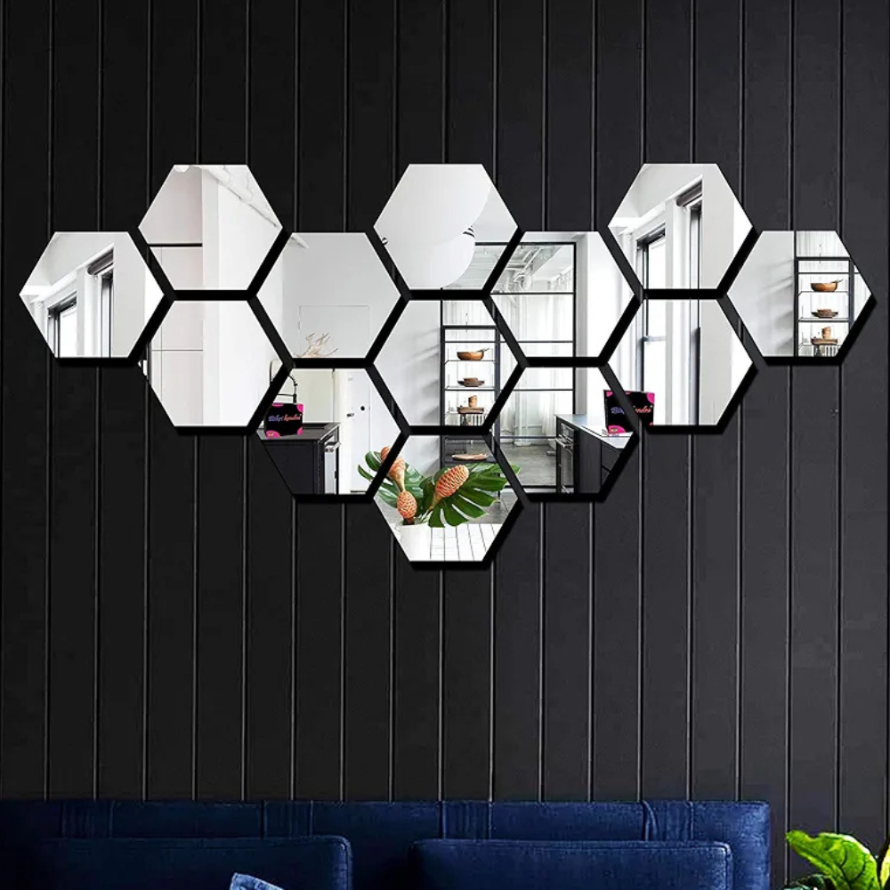 Bikri Kendra Hexagon 13 Silver Mirror Stickers for Wall Acrylic Mirror Wall Decor Sticker Acrylic Stickers Wall Stickers