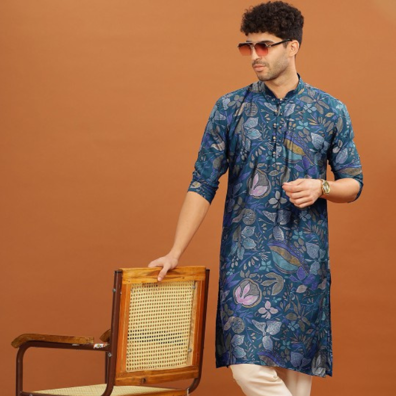 Anouk Mandarin Collar Floral Printed Straight Kurta Blue & Green