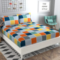 The Home Style 300 TC Cotton Feel Glace Cotton Elastic Fitted Printed Queen Size Double Bed Bedsheet With 2 Pillow Cover Vibrant Checks