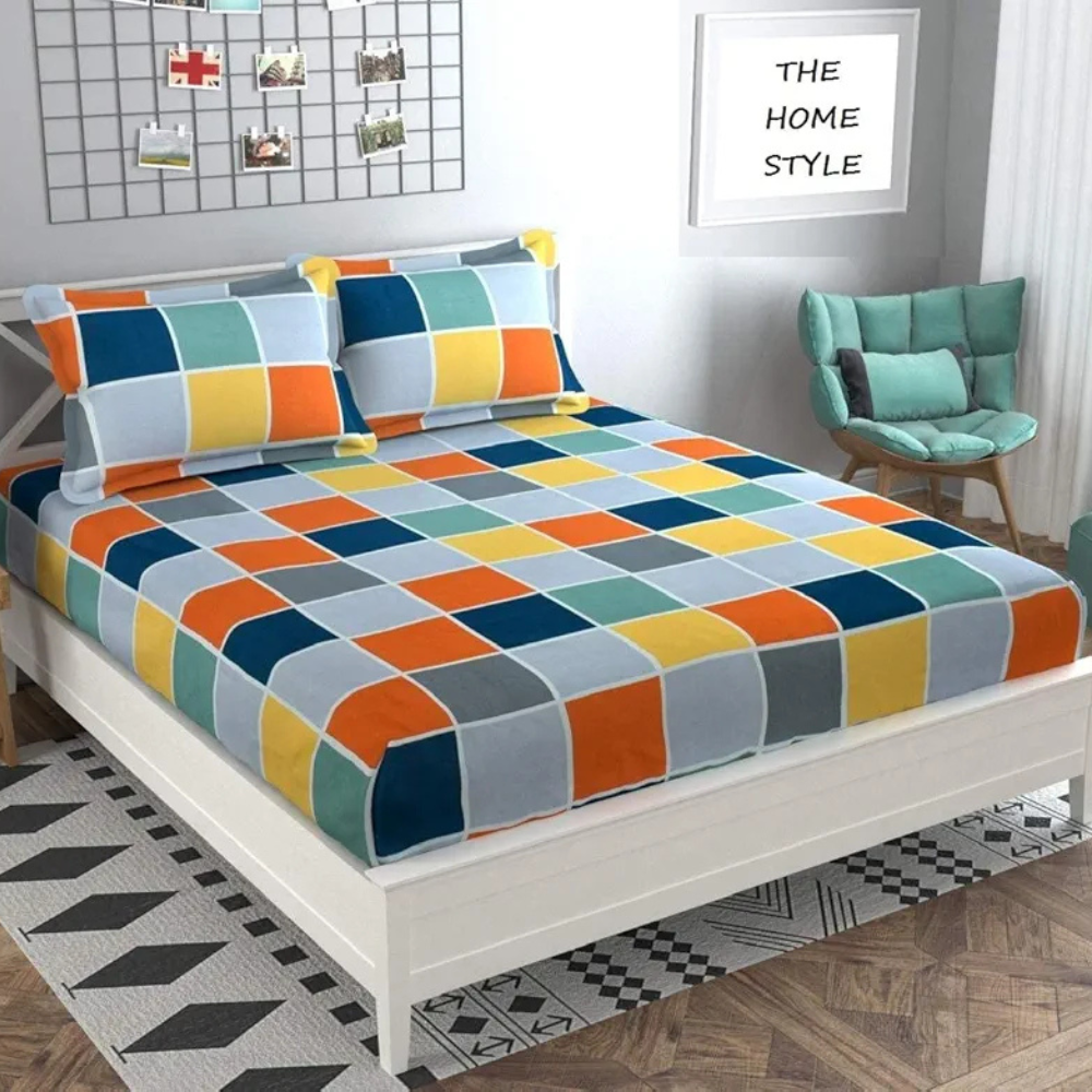 The Home Style 300 TC Cotton Feel Glace Cotton Elastic Fitted Printed Queen Size Double Bed Bedsheet With 2 Pillow Cover Vibrant Checks
