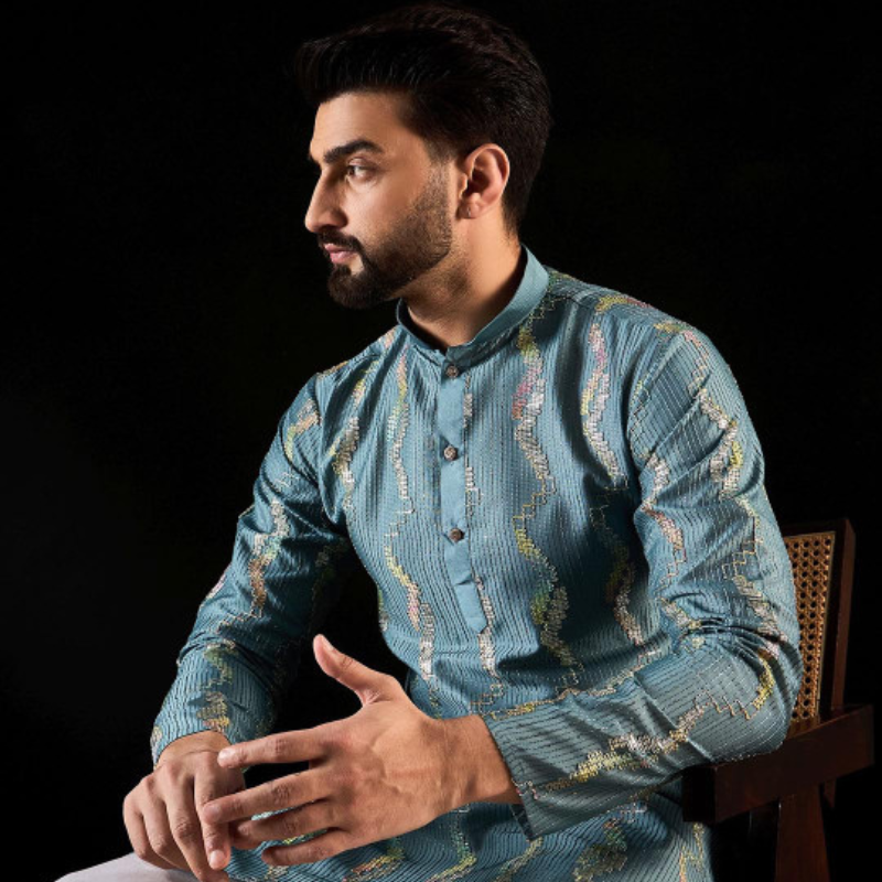 Anouk Teal Blue Geometric Gotta Patti Embroidered Mandarina Collar Straight Kurta