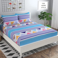 The Home Style Cotton Feel Glace Cotton Elastic Fitted Printed Queen Size Double Bed Bedsheet With 2 Pillow Cover 300 TC White Blue