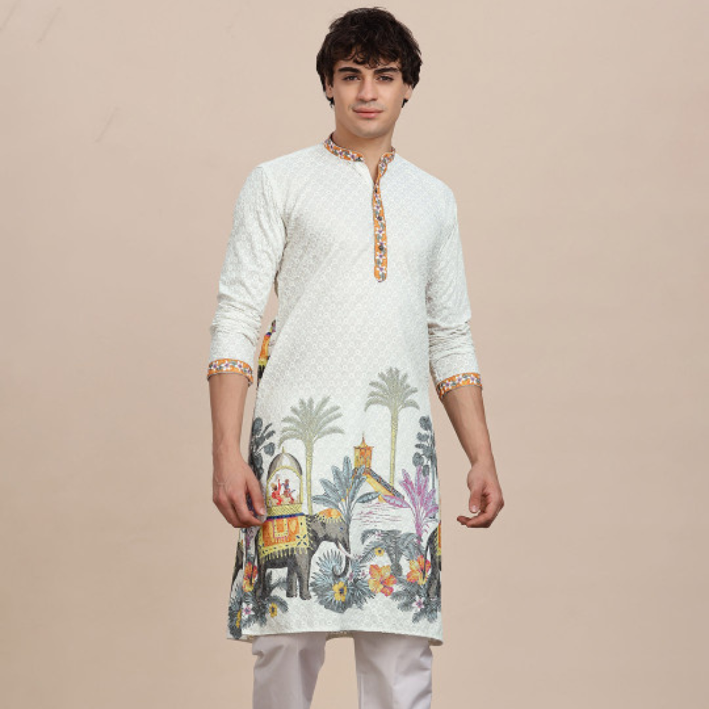 Anouk Men Ethnic Motifs Embroidered Thread Work Mandarin Collar Pure Cotton Straight Kurta
