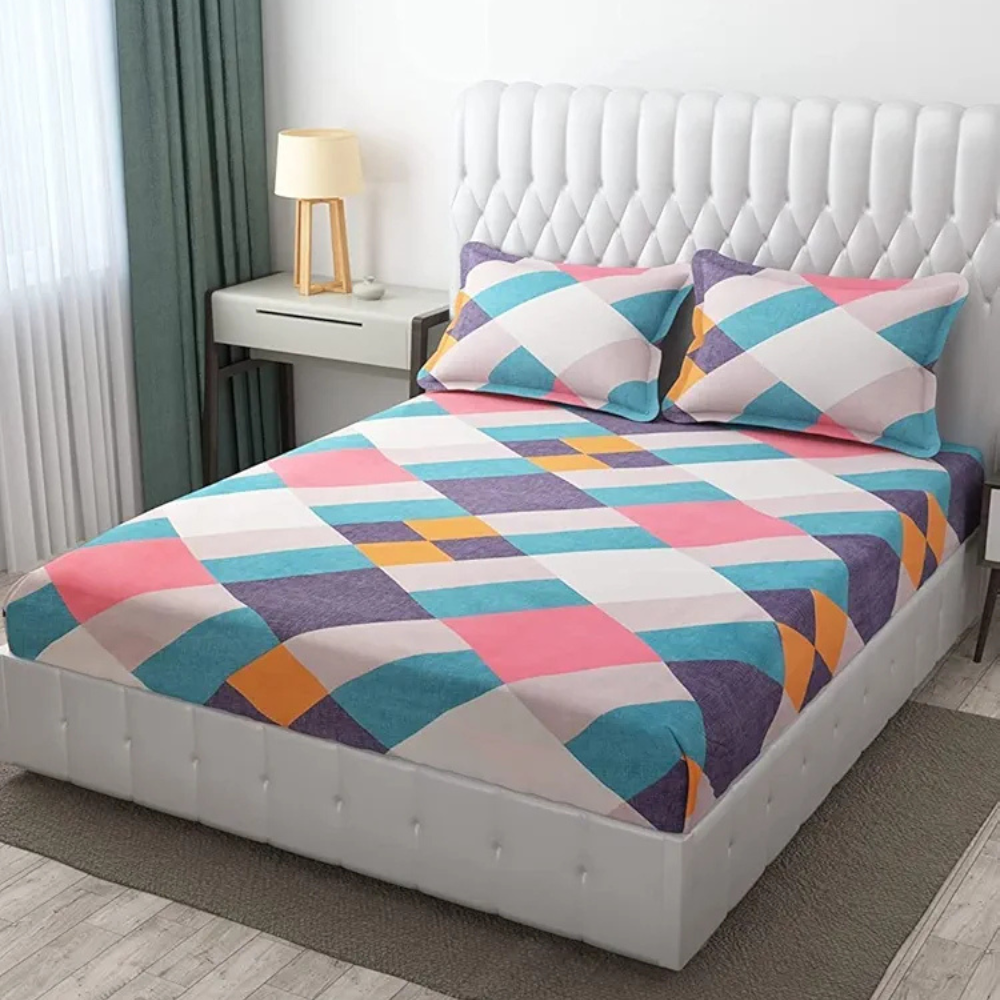 The Home Style Cotton Feel Glace Cotton All Around Elastic Fitted Printed King Size Double Bed Bedsheet With 2 Pillow Cover 300 TC Multicolor Abstract