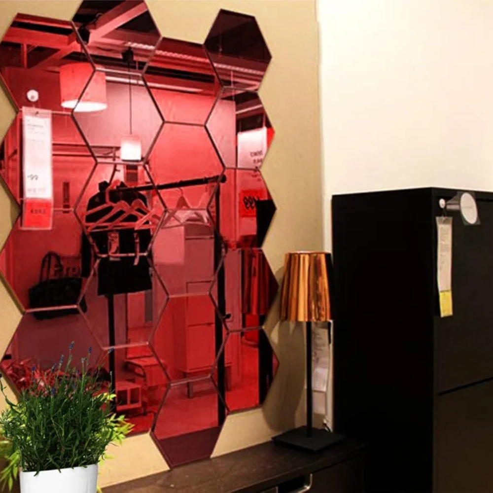 Bikri Kendra Hexagon 20 Red Stickers for Wall Acrylic Mirror Mirror Wall Decor Sticker