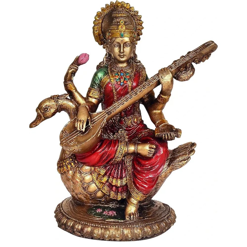 Aona Resin Saraswati Idol Statue for Home Decor On Swan Height | 8.5 Inches Multicolour
