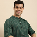 Anouk Men Green & Gold-Toned Striped Mandarin-Collar Kurta