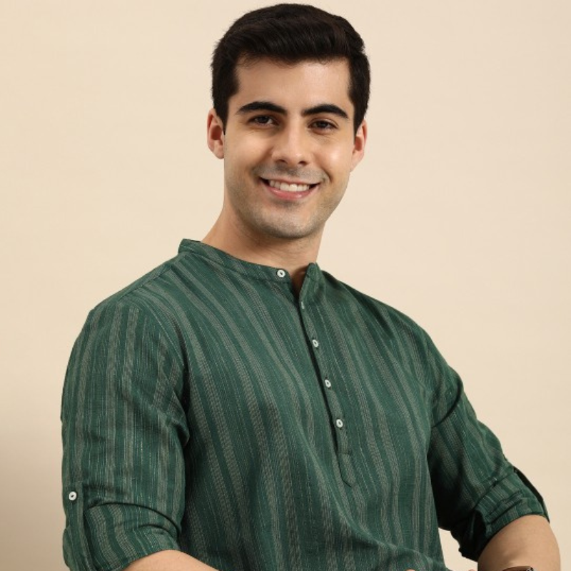 Anouk Men Green & Gold-Toned Striped Mandarin-Collar Kurta
