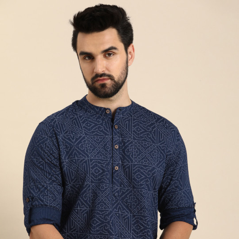Anouk Men Geometric Printed Cotton Indigo Short Kurta