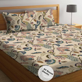The Home Style Cotton Elastic Fitted All Around Printed Queen Size Double Bed Bedsheet wih 2 Pillow Cover  400TC Beige Flora