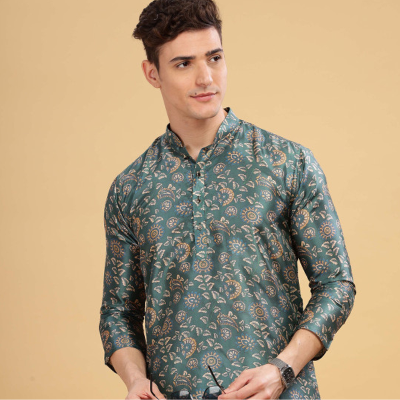 Anouk Green Floral Printed Mandarin Collar Straight Kurta