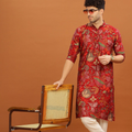 Anouk Mandarin Collar Floral Printed Straight Kurta Red & Green