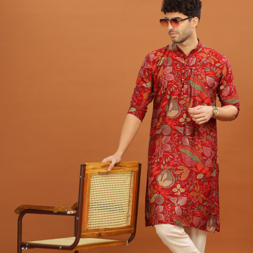 Anouk Mandarin Collar Floral Printed Straight Kurta Red & Green