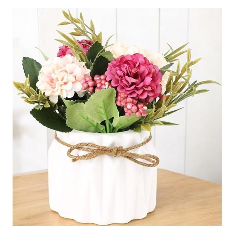Artificial Flower with Ceramic Vase Hydrangea Bouquet Fake Flower Arrangements