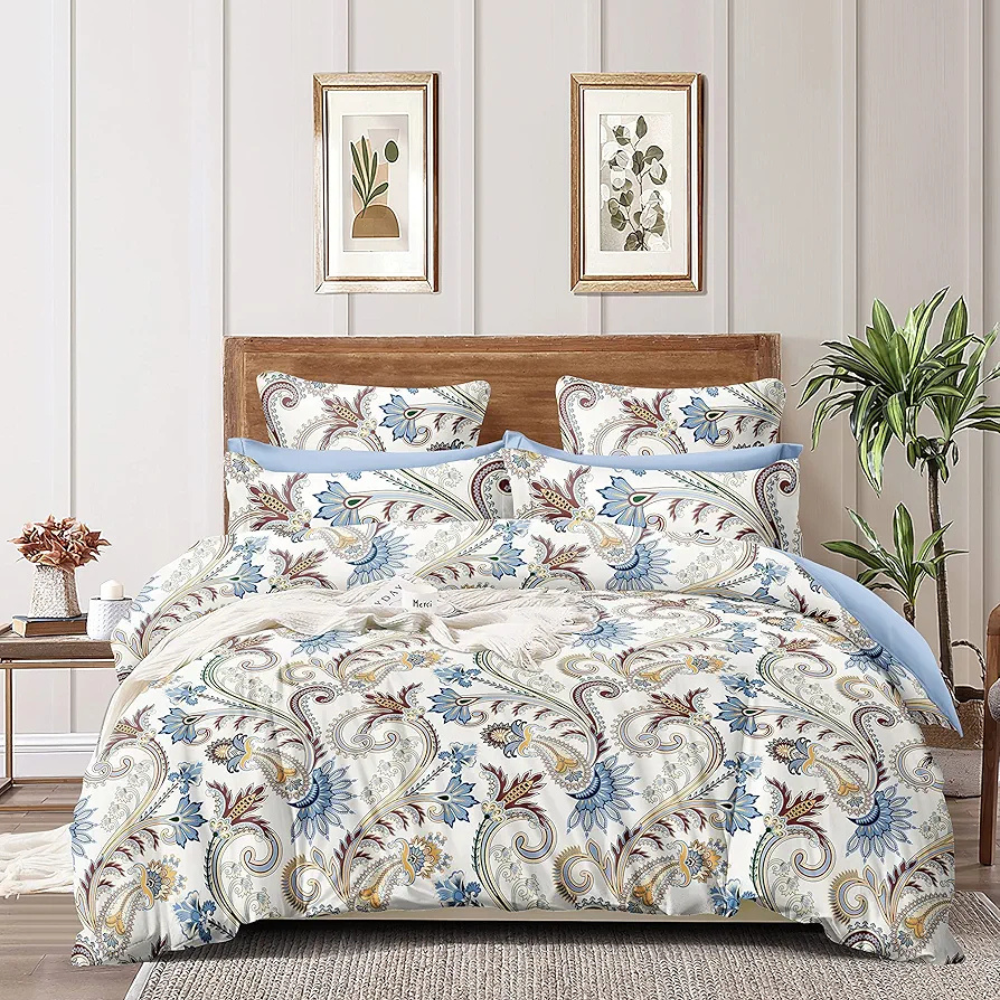 The Home Style 400 TC Supersoft Cotton Feel Glace Cotton Elastic Fitted Printed Queen Size Double Bed Bedsheet wih 2 Pillow Cover Vanilla Mist