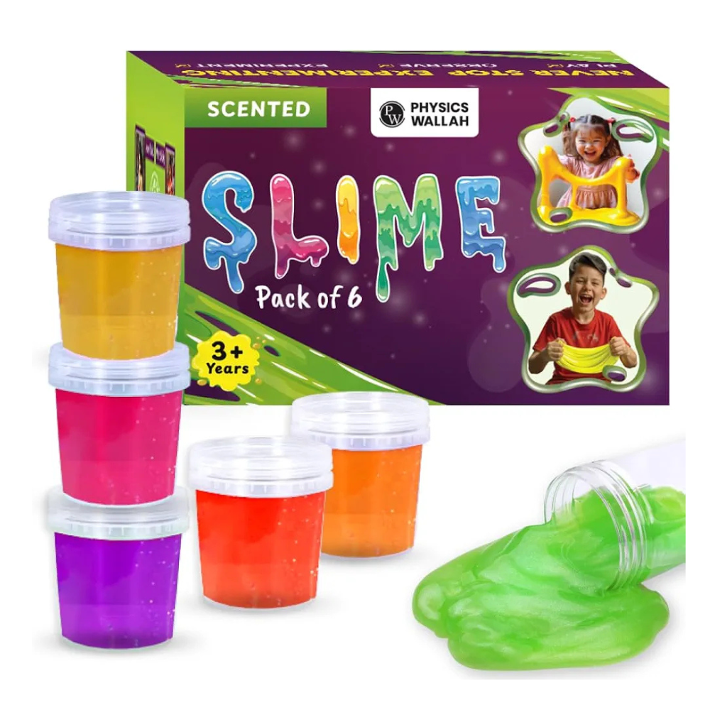 PW Slime Kit for Kids 3 to 10 Years – 6 Fruit-Scented Colourful Slimes with Moulds, DIY Sensory Play, Soft & Non-Toxic, Birthday Gift for Boys & Girls