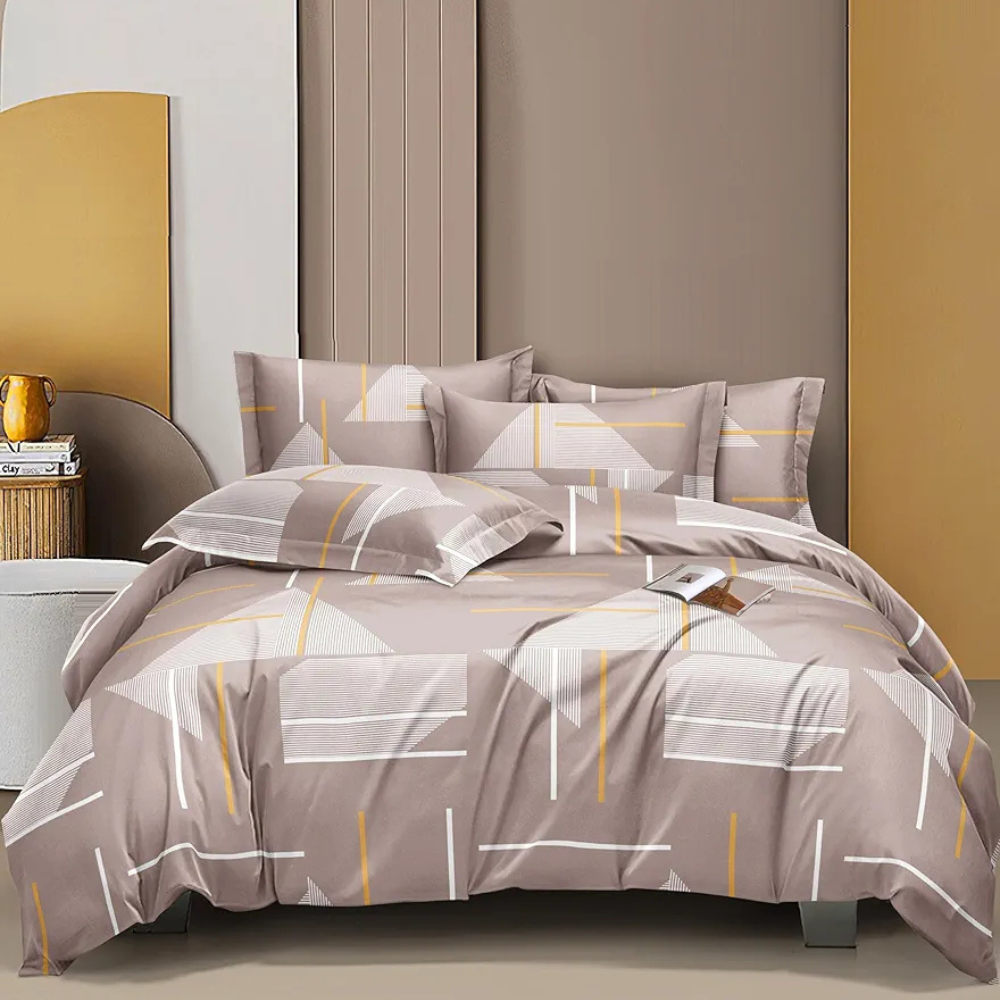 The Home Style Cotton Elastic Fitted All Around Printed Queen Size Double Bed Bedsheet wih 2 Pillow Cover Sand Stone