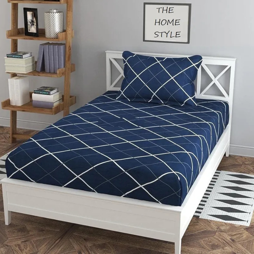 The Home Style Cotton Feel Glace Cotton Elastic Single Bed Bedsheet With 1 Pillow Cover,300 TC Navy Blue