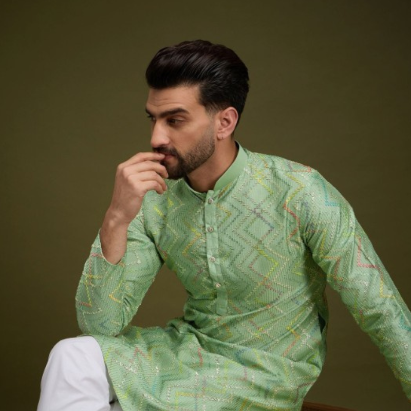Anouk Green Chevron Embroidered Gotta Patti Mandarin Collar Pure Cotton Straight Kurta