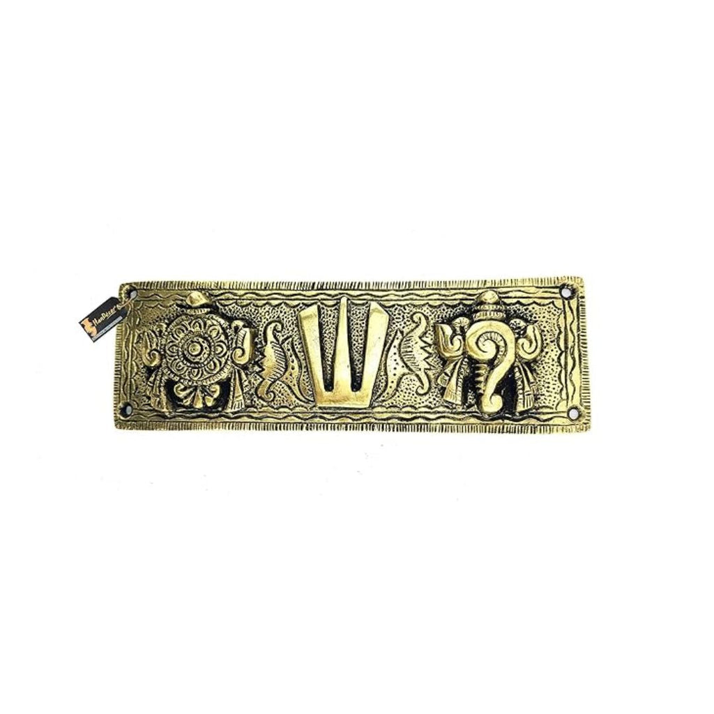 Two Moustaches Brass Shankh Chakra Namah Wall Hanging Antique White