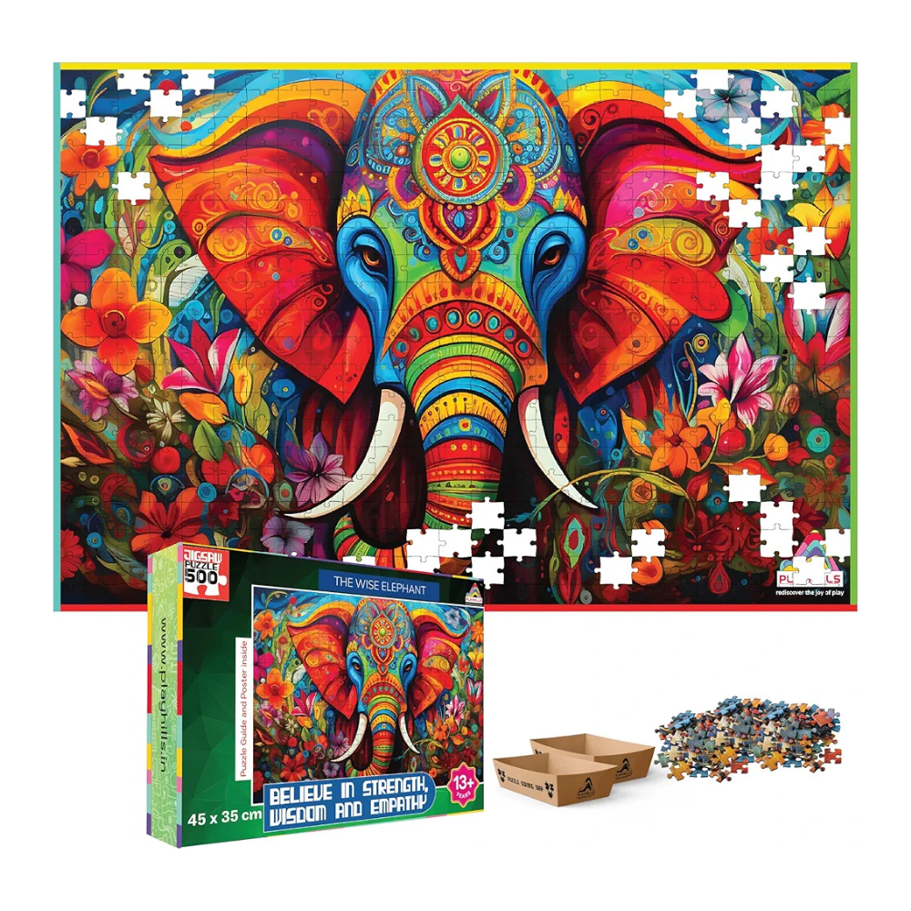 Playhills Wise Elephant Wooden Jigsaw Puzzle 500 Pieces for Adults & Teens  Fun, Durable Jigsaw with Sorting Trays & Poster