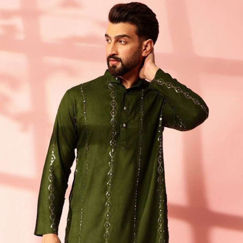 Anouk Geometric Embroidered Sequinned Cotton Straight Kurta