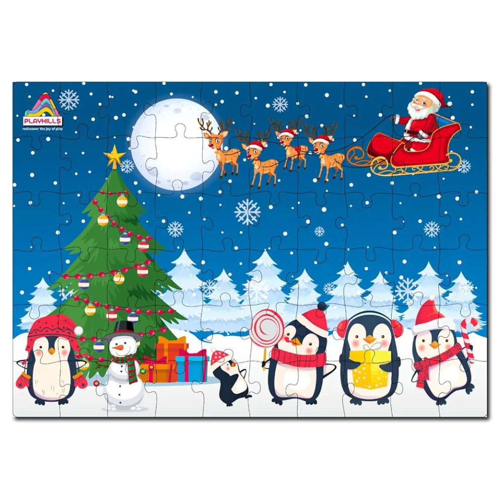 Playhills Wooden Puzzle Happy Penguin Family Celebrating Christmas 60 Puzzle Pieces Ideal Christmas Gift for Kids 3,4,5,6,7 Years