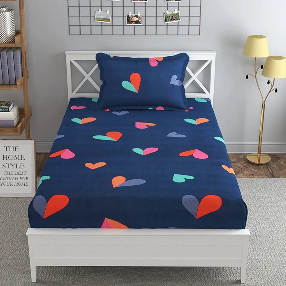 The Home Style Cotton Feel Glace Cotton Elastic Single Bed Bedsheet With 1 Pillow Cover,300 TC Blue Heart