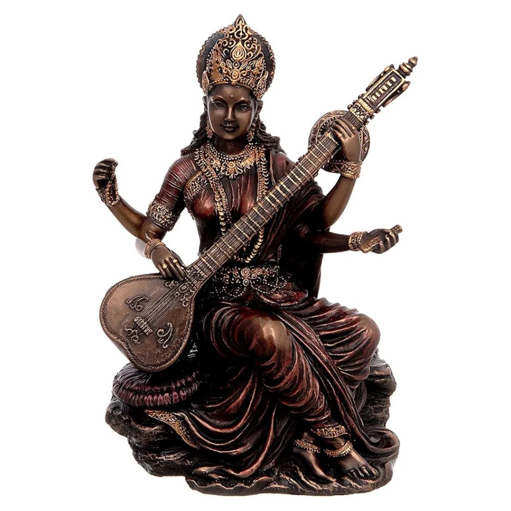 Dattatreya Polyresin Bonded Bronze Maa Saraswati Idol Statue Murti for Puja - 6 Inch