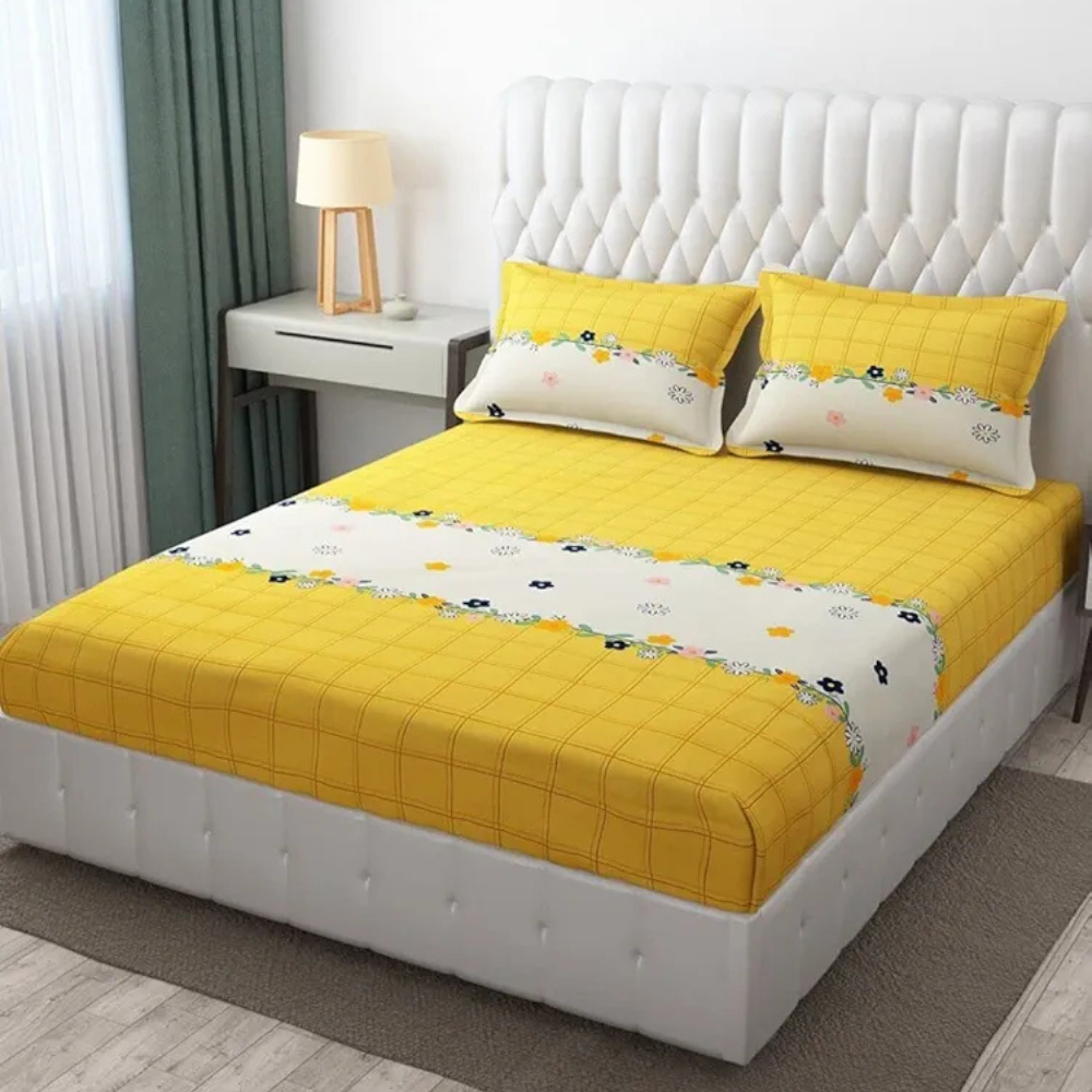 The Home Style Cotton Feel Glace Cotton Elastic Fitted Printed Queen Size Double Bed Bedsheet With 2 Pillow Cover,300 TC Cadmium Yellow