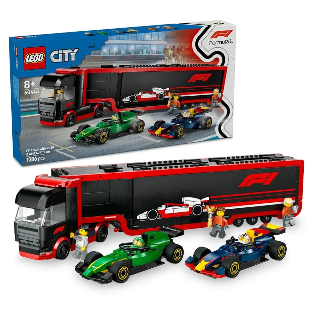 Lego City F1 Truck with RB20 & AMR24 F1 Cars Toy Race Vehicle Transporter Playset 60445