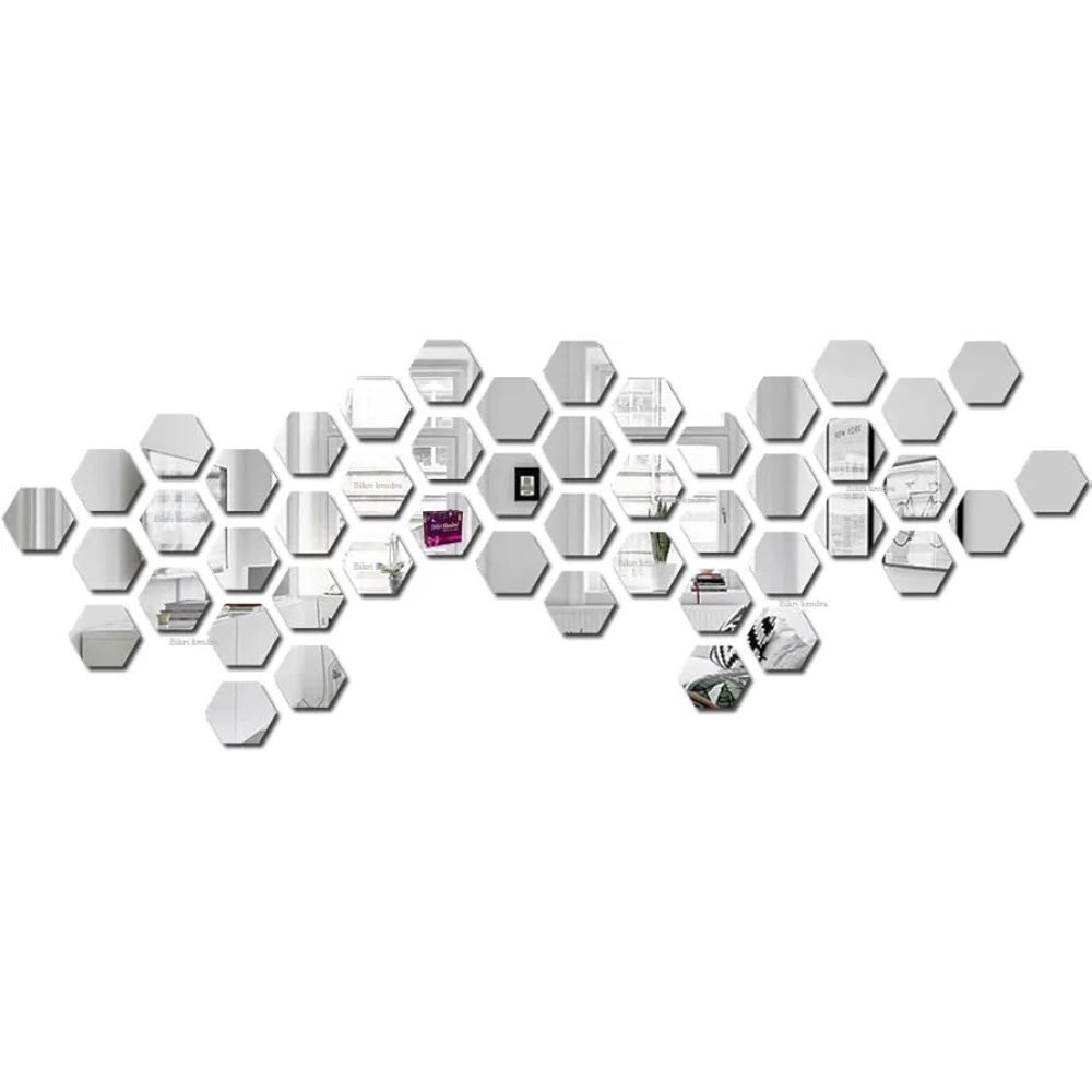 Bikri Kendra Hexagon Stickers for Wall Hexagon Wall Stickers Acrylic Mirror Wall Decor Hexagonal Mirror Wall Sticker 50 Pieces Silver