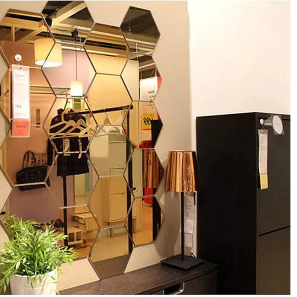 Bikri Kendra Glass 20 Hexagon With 20 Butterfly Golden Wall Stickers 3D Acrylic Stickers Mirror Stickers Set Of 20