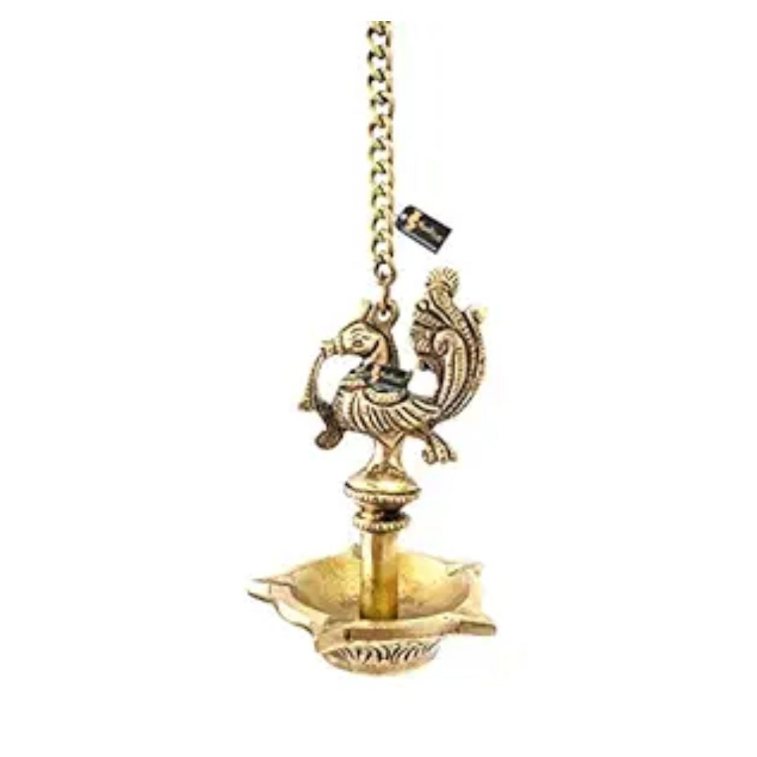 Two Moustaches Handmade Ethnic Peacock Design 5 Oil Wick Brass Hanging Diya