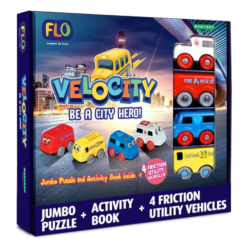 FLO Velocity Rescue Vehicle Puzzle Set 4-Piece Friction Cars  with 58x86 cm Floor Puzzle & Storybook STEM Adventure Toy for Boys & Girls Ages 5+