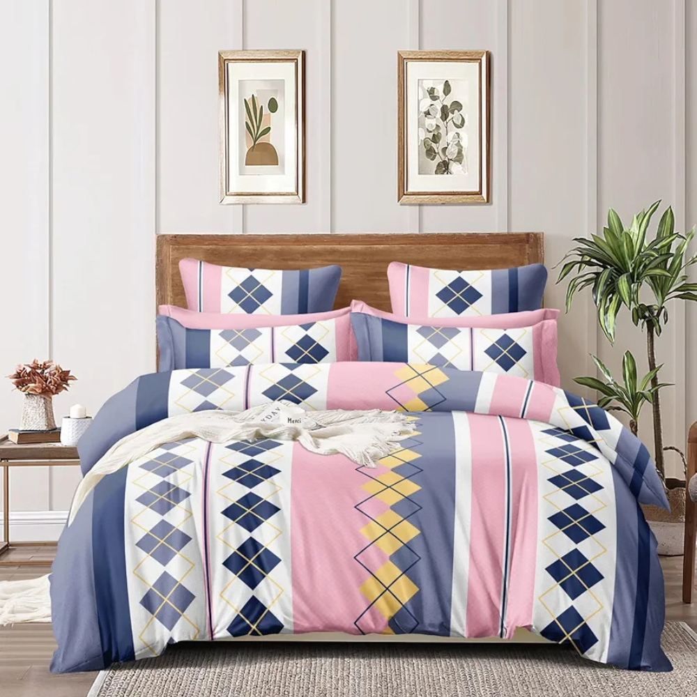 The Home Style Cotton Feel Glace Cotton Printed Double Bed Bedsheet With 2 Pillow Cover 300 TC Pink Check