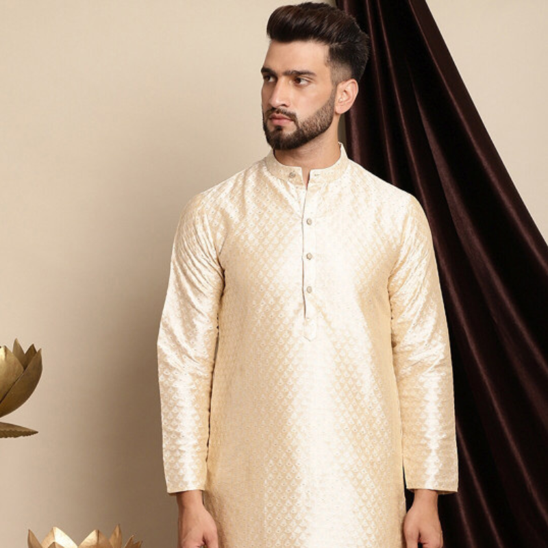 Anouk Ethnic Motifs Woven Design Band Collar Silk Cotton Regular Kurta