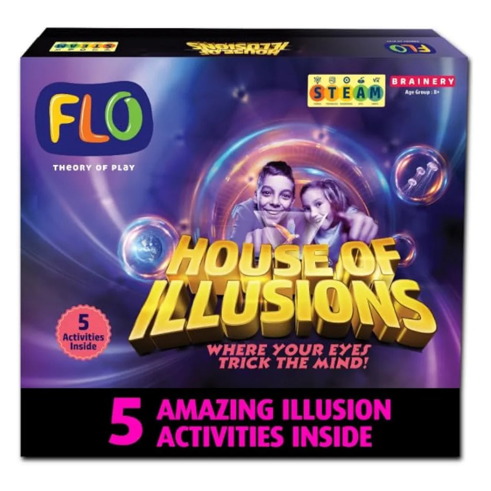 FLO Toys House of Illusions STEM Kit for Kids Age 6+ 5 Optical Illusion Experiments Kaleidoscope Hologram Theatre Mini Hologram Thaumatrope & Ames Window