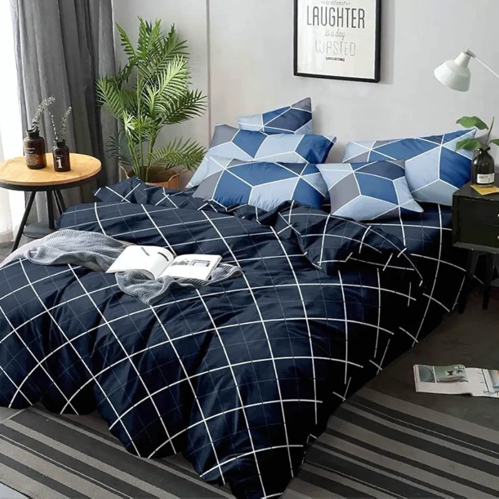 The Home Style Cotton Feel Glace Cotton Printed Double Bed Bedsheet With 2 Pillow Cover 300 TC Navy Blue