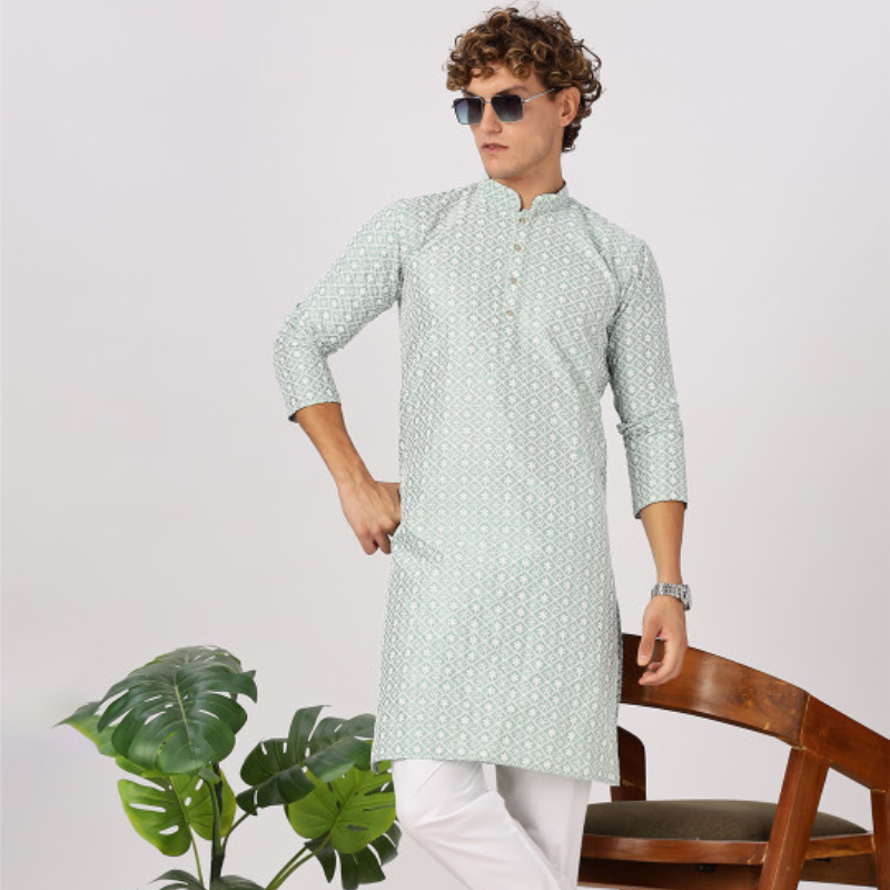 Anouk Geometric Printed Mandarin Collar Straight Cotton White and Blue Printed Kurta