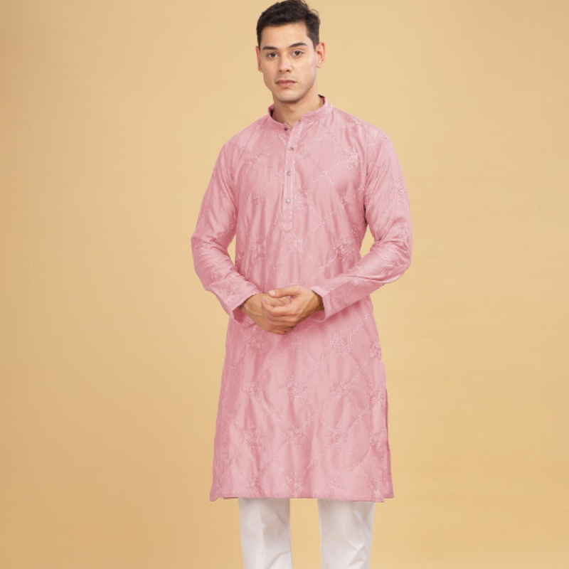 Anouk Pink Ethnic Motif Embroidered Band Collar Cotton Straight Kurta