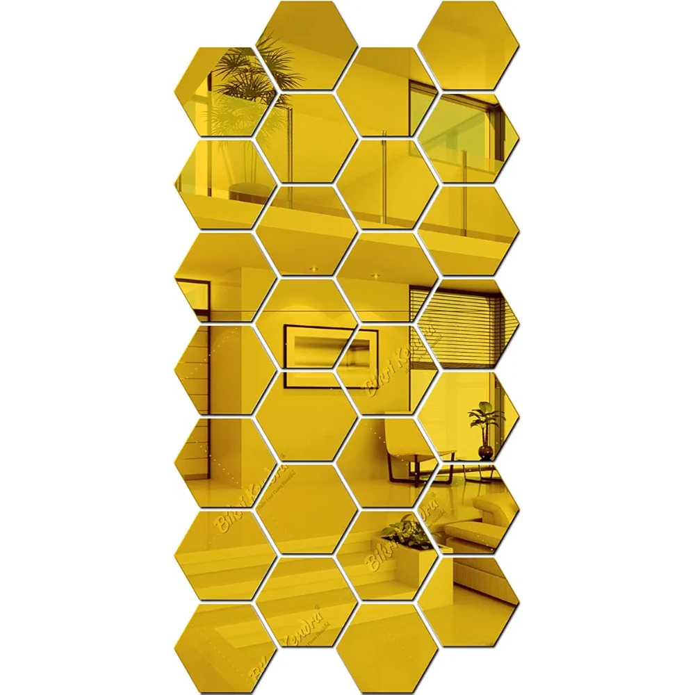 Bikri Kendra 28 Hexagon Golden Mirror Stickers for Wall Acrylic Mirror Wall Decor Sticker Wall