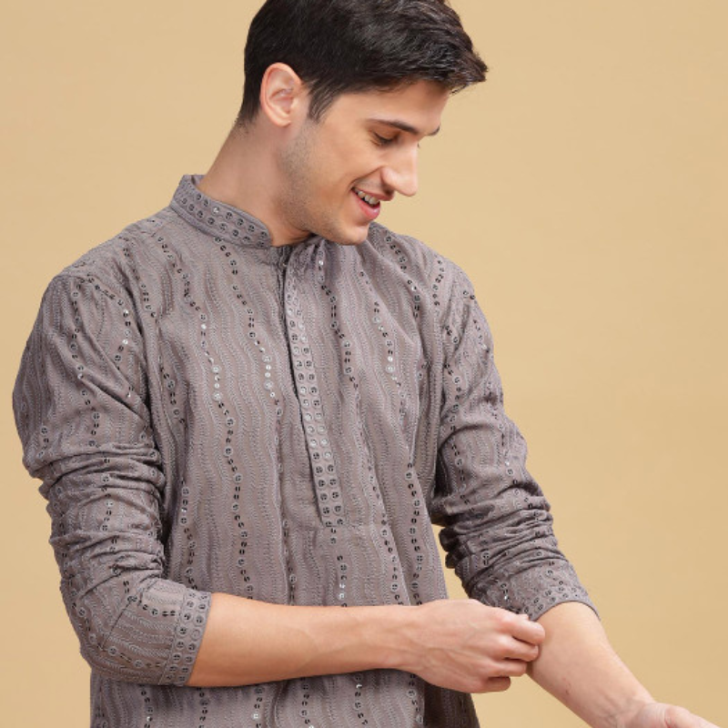 Anouk Grey Ethnic Embroidered Mandarin Collar Sequinned Lucknowi Cotton Straight Kurta