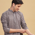 Anouk Grey Ethnic Embroidered Mandarin Collar Sequinned Lucknowi Cotton Straight Kurta