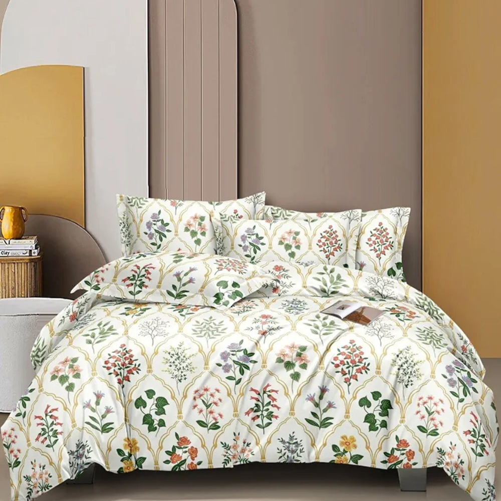 The Home Style 400 TC Cotton Feel Glace Cotton Elastic Fitted All Around Printed King Size Double Bed Bedsheet wih 2 Pillow Cover Multicolor Floral Paradise
